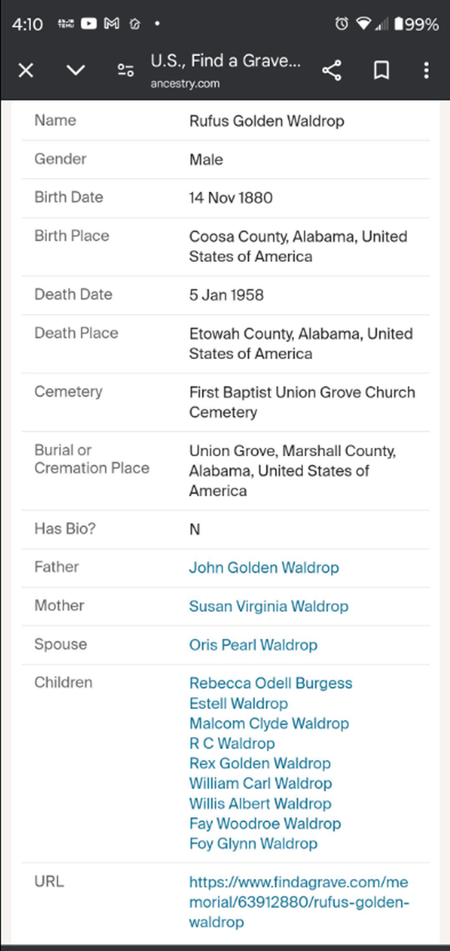 Waldrop,RufusGolden_FindAGrave_Family-information